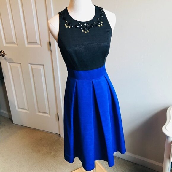 Eliza J Black Blue Beaded Textured Satin Two Tone Formal Cocktail Dress Size 2 - Picture 1 of 6